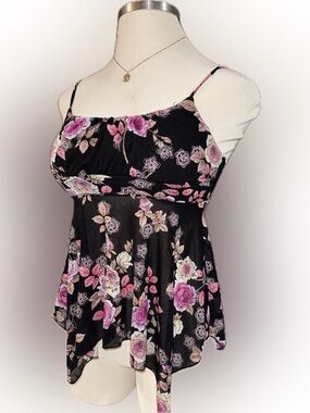 Y2K Self Esteem Black Floral Spaghetti Strap Flowing Top with Pink & Cream Roses